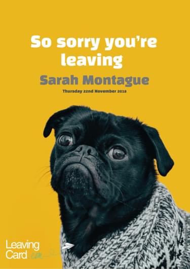 A leaving card showing a pug saying Sorry you are leaving